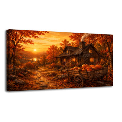 Tableau sur toile représentant un chalet d'automne, une ferme et des citrouilles aux couleurs chatoyantes. Décoration murale idéale pour le salon, la salle de bain, la chambre à coucher ou le bureau. Dimensions : 51 cm (H) x 102 cm (L). Prêt à accrocher.