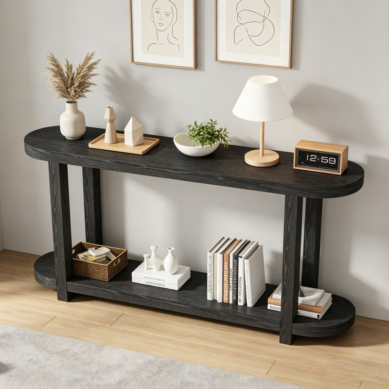 Table d'entrée moderne minimaliste en placage de frêne avec bureau ovale pour vestibule, couloir, salon et bureau, Black