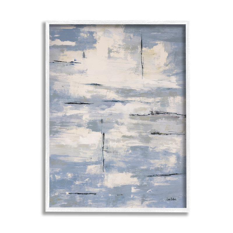 " Fishing Lines River Edge Water Sky Reflection " by Lori Dubois, 24" H x 30" W, Coastal White Framed Giclee