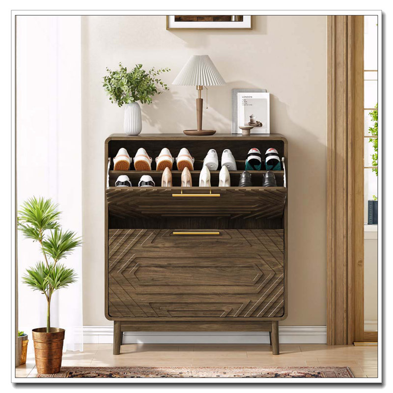 Armoire à chaussures 31,5 po en noyer, armoire à chaussures autoportante moderne Mid-Century, rangement autoportant avec 2 tiroirs rabattables
