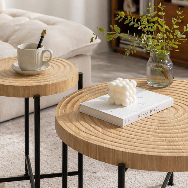 Ensemble de 2 tables basses et tables de bout - Panneau de fibres à densité moyenne imperméable avec revêtement en PVC, conception cylindrique vieillie, pieds en métal noir - charme rustique classique, bois technique