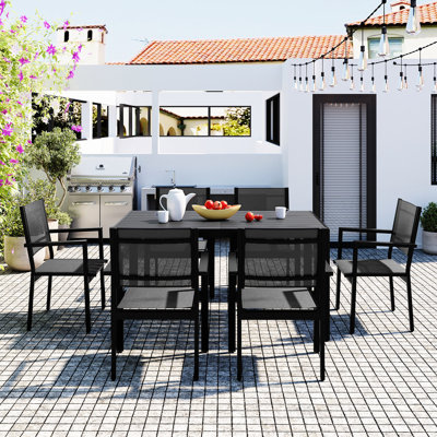 Table de salle à manger moderne en acier gris pour patio, balcon, cour arrière, 6 sièges