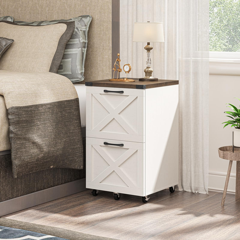 2 Drawer Small File Cabinet With Wheels, Rustic White