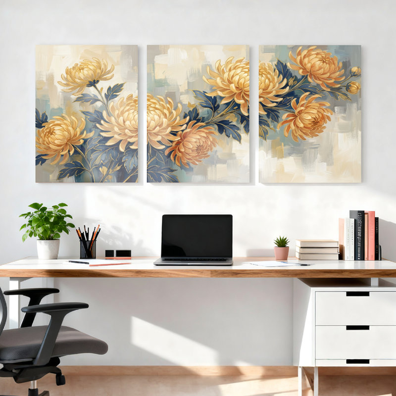 Ensemble de 3 tableaux muraux sur toile tendue, motif chrysanthèmes, pour la décoration du salon et de la chambre.