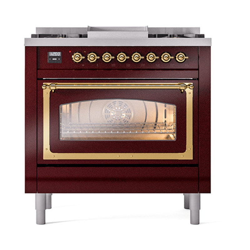 ILVE Nostalgie II Noblesse 36 in Dual Fuel Range, Natural Gas, Burgundy/Brass