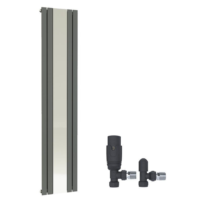 iBathUK Belgravia Vertical Single Slim Flat Mirrored Panel Radiator Anthracite Angled Valve-Grey, 1800cm H x 450cm W x 52cm D