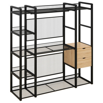 Portant à vêtements pour suspendre des vêtements avec rails suspendus, garde-robe ouvert avec 2 tiroirs, supports à vêtements robustes avec tablettes