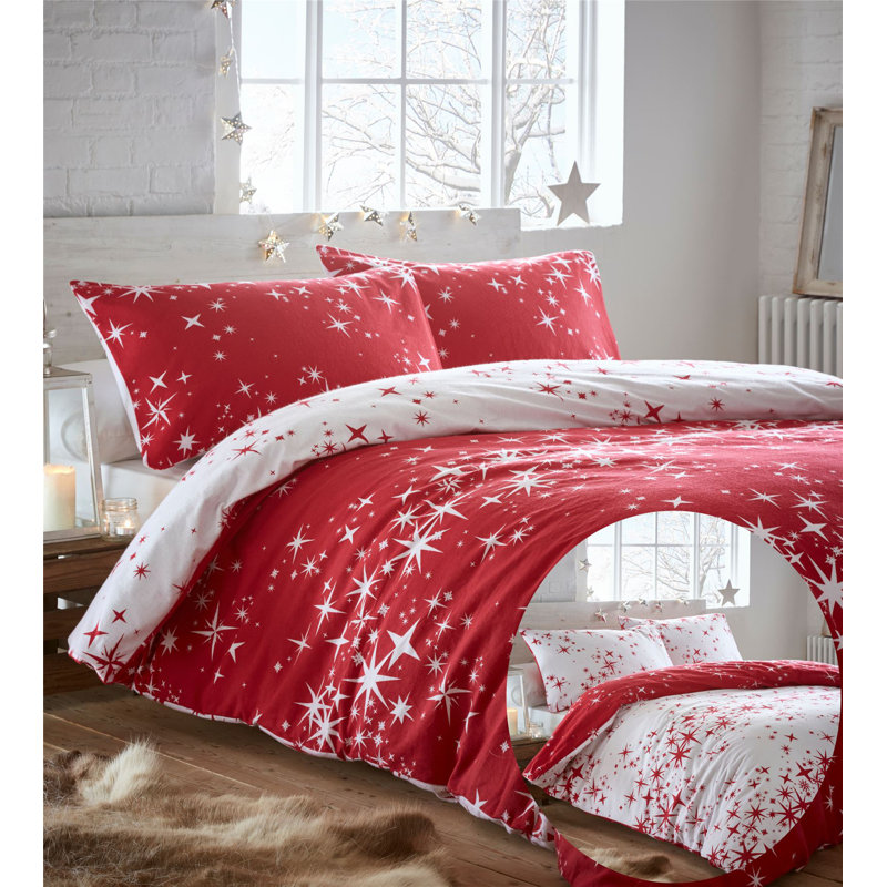 Brushed 100% Cotton Reversible Stars Thermal Duvet Cover Set, Double Duvet Cover + 2 Standard Pillowcases, Red
