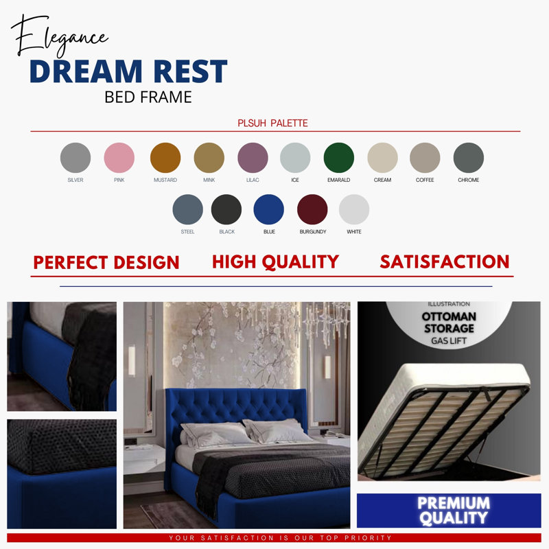 Rebeca Wingback Ottoman Storage Bed - Plush Velvet Gas Lift Bed Frame with Headboard, Single (3'), Blue