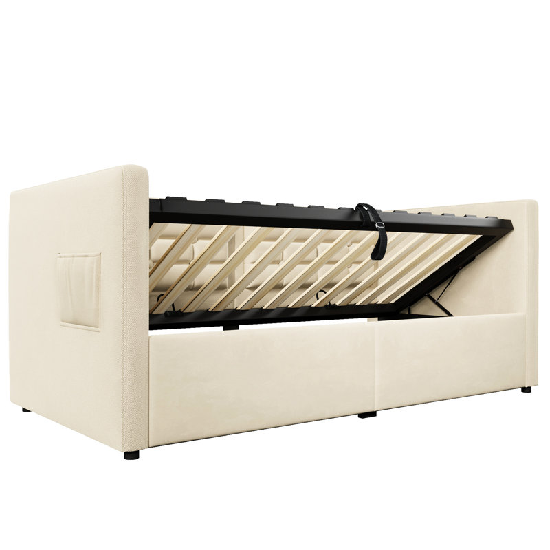 Beige Velvet Upholstered Twin Daybed With Hydraulic Storage Bed Frame, Type - C Charging, Wooden Slats, And Back, Ideal For Student Dormitories Frame & Daybed, Storage, Back Functionality
