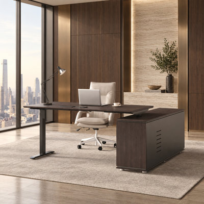 Bureau debout électrique réversible en L avec armoire de rangement et station de charge