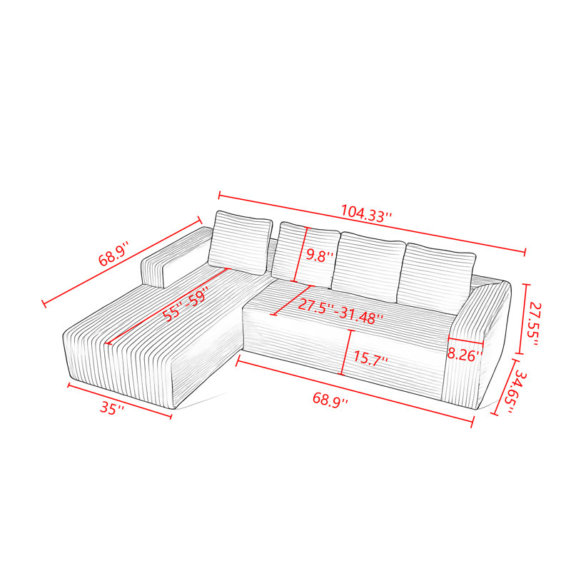 104'' Modern Modular Cloud Sectional Sofa with L-Shape Chaise, Gray Corduroy