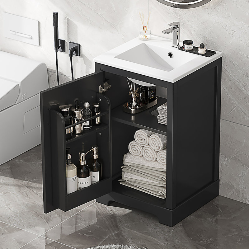 Meuble-lavabo de 50 cm (20 po) avec lavabo en céramique blanche, armoire noire, porte à fermeture amortie et tablette de rangement à deux niveaux. Finition de classe de 50 cm (20 po), efficacité
