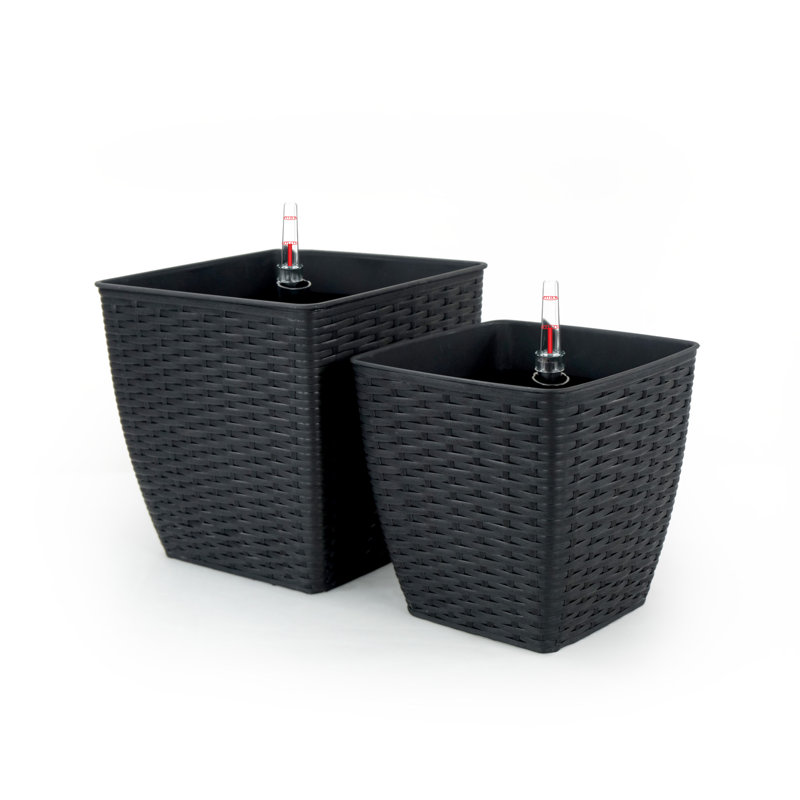 Derince 2-Pack Self-watering Planter - Hand Woven Wicker - Thin Square, Espresso, 12.6" H x 12.6" W x 12.6" D