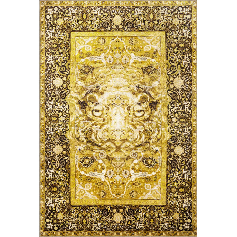 Yellow Themed Traditional Motif Ethnic Patterned Vintage Decorative Carpet, Rectangle 5'2" x 7'7"