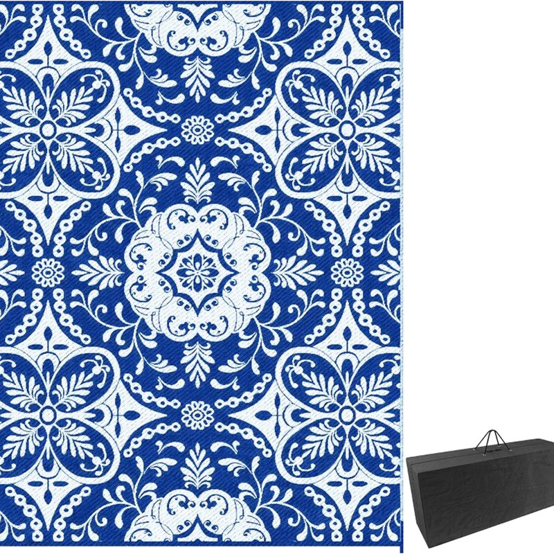 Tapis d'extérieur pliable pour pique-nique et camping - Floral bleu blanc réversible, fait de fibres de polypropylène, avec revêtement protecteur, sac de transport, paille en plastique
