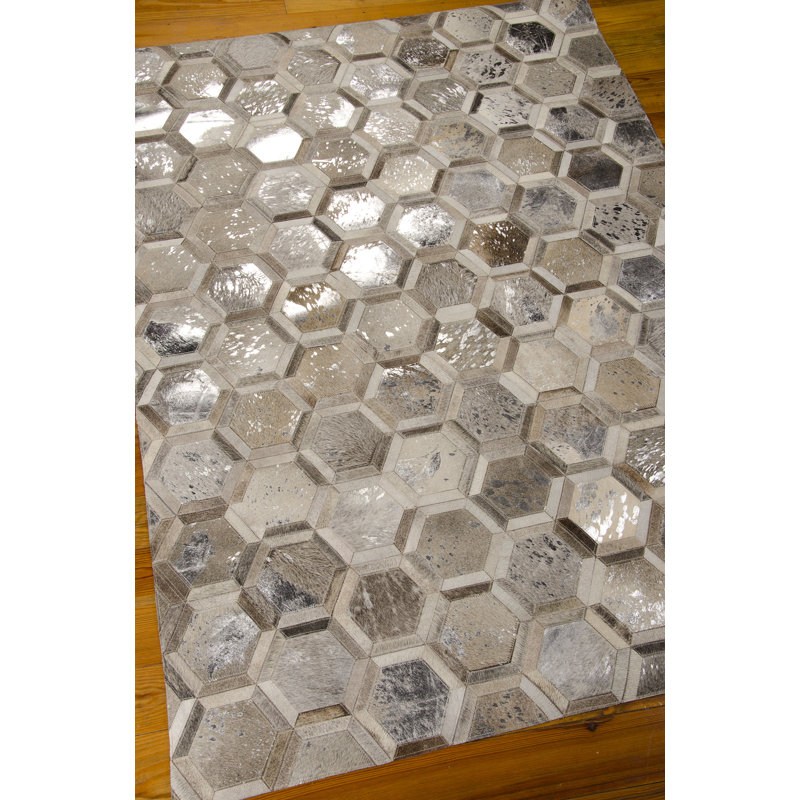 Tonasket Geometric Handwoven Leather Area Rug, Silver/Beige/Gold, Rectangle 5'3" x 7'5"
