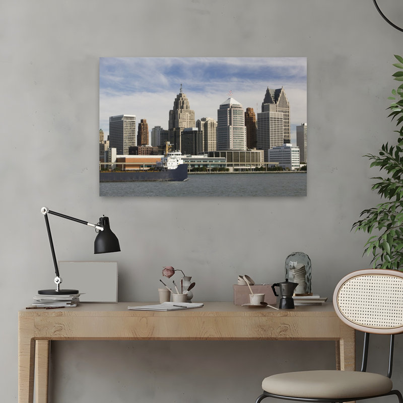 USA Michigan Wayne County Detroit along Detroit River from Windsor Ontario Canada 1 Piece Wrapped Canvas Wall Art