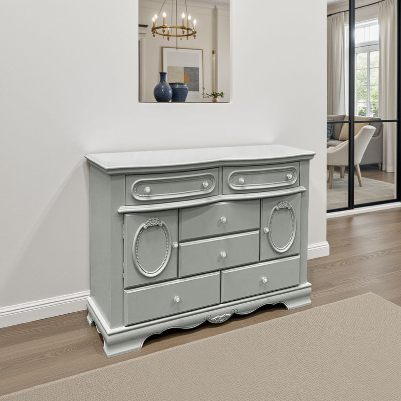 Auri Kids Wide Dresser Chest with 6 Drawers, Scalloped Base, Gray Wood