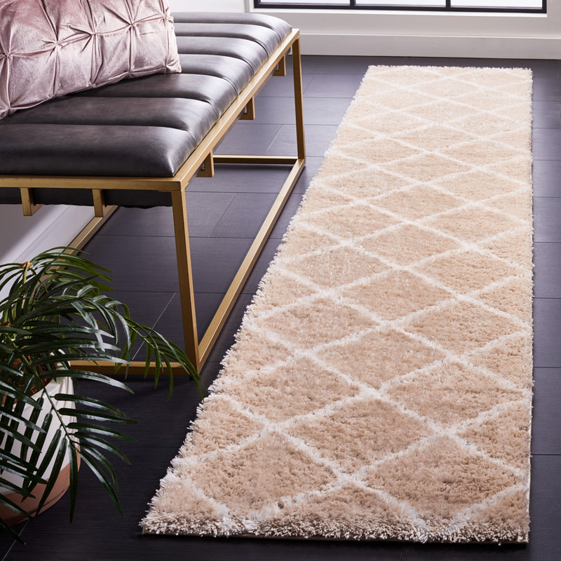 Beige and White Geometric Shag Runner Rug 2' x 9'