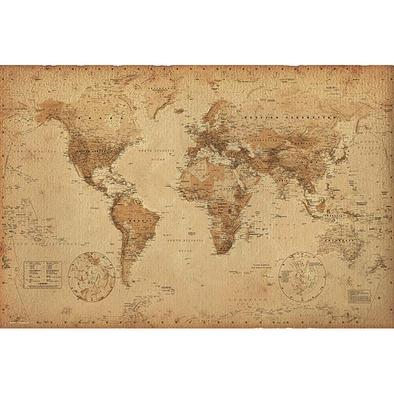 Carte du monde rétro-impression d’art graphique sur papier, H 38,5 po x l 26,5 po x P 1,25 po, Papier non encadré