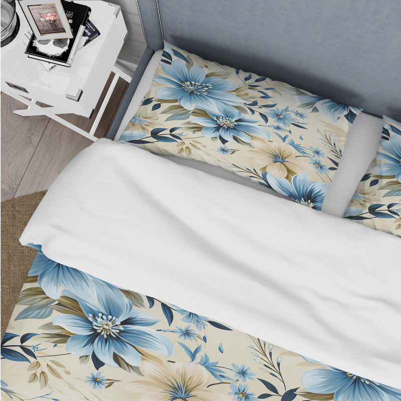 Literie harmonie fleurs bleues et blanches, Housse de couette pour très grand lit et 2 très