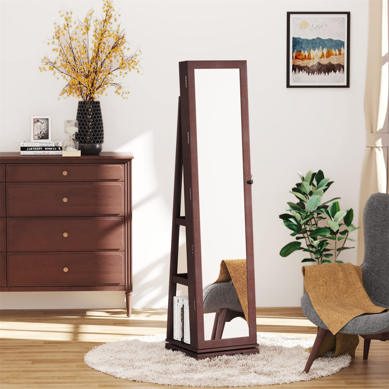 Classic Walnut Jewellery Armoire With Rotating Base And Built-In Mirror