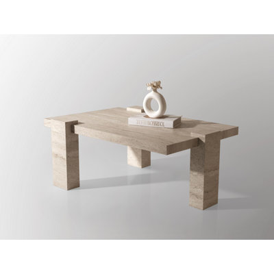 Modern Coffee Table, Travertine Color, 43.3 x 17.9 x 27.6 inches | 100% Melamine Coated Particle Board with Particle Board Legs | 220 lbs Bearing Capacity | Stylish Novelty Marble Design for Contemporary Living Spaces