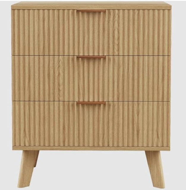 Fluted 3 Drawers Dresser, Modern Chest of Drawers with Metal Legs, Wood Nightstand with Storage and Anti-Tipping Device, Drawer Organizer for Bedroom, Hallway, Entryway