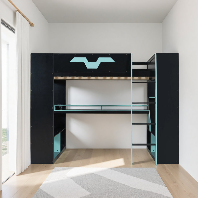 Lit mezzanine en bois pleine grandeur avec prise de courant et ports USB / Type-C, gestion des câbles intégrée et lumière RVB