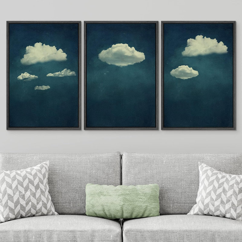«A Series of White Clouds In The Blue Sky Nature Wilderness», reproduction d'art encadrée sur toile, 3 pièces, Cadre noir