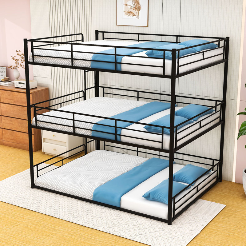 Metal Triple Bunk Bed with Full-Length Guardrails, Quiet Slat Support System, Black, Queen Over Queen Over Queen