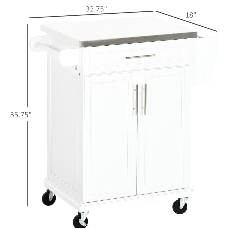 Kitchen Cart With Stainless Steel Surface, Drawer, Towel Rack, Spice Rack And Storage, White Portable Island Desk Top,