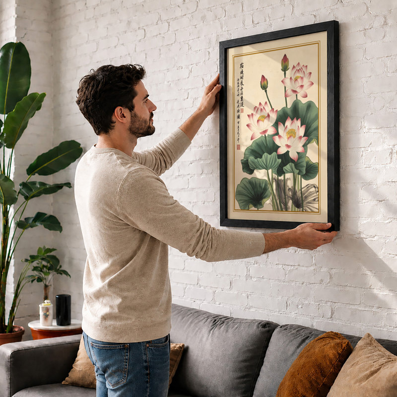 Lotus in Bloom Botanical - Framed Print, Black, A4 - 29.7 x 21.0 cm