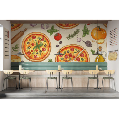 Papier peint pizzéria rétro - pizza italienne avec illustrations de nourriture rustique, décor de cuisine en tissu pour restaurant 679RS (non tissé) RS679