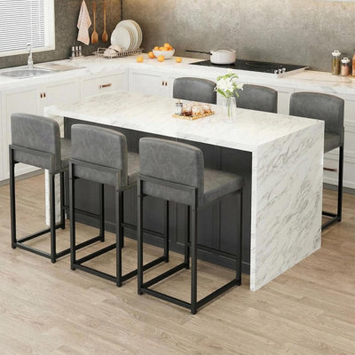 Modern Set of 6 PU Leather Bar Stools - 24 Inch Counter Height Barstools with Back, Upholstered Metal Frame Kitchen Island Chairs, Gray