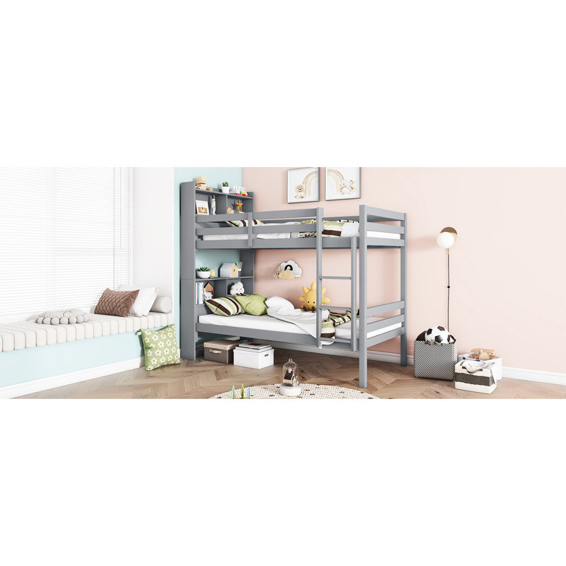 Lit superposé simple gris avec rangement, tablette en bois d'hévéa, garde-corps, bibliothèque amovible et froide, couleur, cadre, moderne