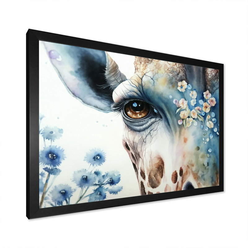 Portrait de girafe avec fleurs I - reproduction sur toile, L 20 po x H 12 po, Impression noire sur toile encadrée