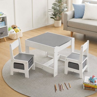 Ensemble table et 2 chaises pour enfants, table d'activités pour tout-petits avec plateau tableau noir et rangement, table de jeu en bois pour dessiner, lire, prendre la collation, salle de jeux et chambre