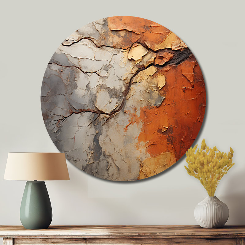Collage d'arbre de séquoia abstrait orange et gris - art floral rond en métal, H 16 po x l 16 po
