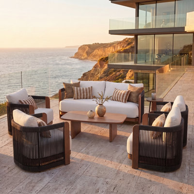 Ensemble de sofas de patio modernes en corde tressée, composé de 6 pièces, avec structure en aluminium et aspect bois ; ensemble de conversation extérieur résistant aux intempéries pour piscine et jardin (ensemble de 6)
