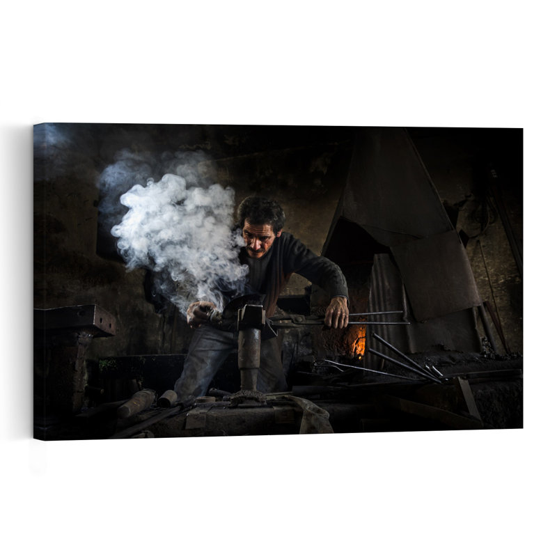 Affiche murale représentant une forge de forgeron fumante, architecture industrielle traditionnelle abstraite, 16" H x 24" W