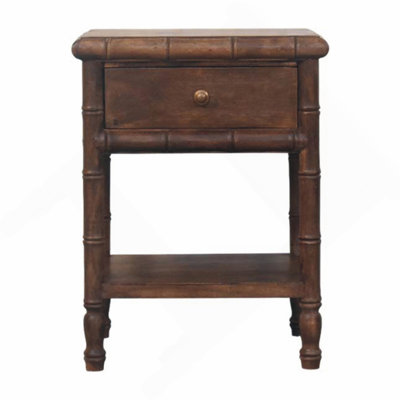 Table de chevet en bois massif sculpté en bambou, brun, 1 tiroir, 1 tablette