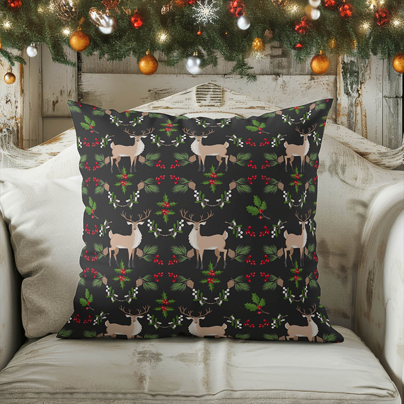 Botanical Deer Seasonal Throw Pillow, Charcoal, Square 16"