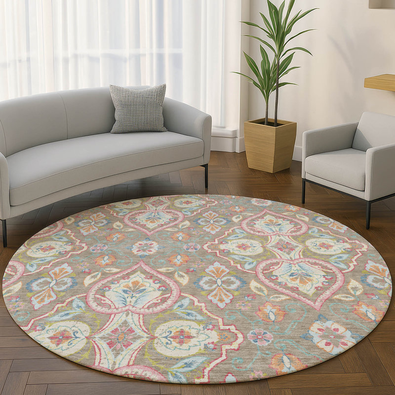 Tapis bohème de qualité supérieure lavable à la machine Mayfield AMF2207, Taupe, 8' Round