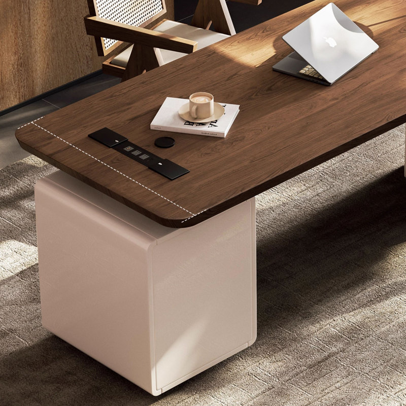 Bureau à 3 tiroirs brun noisette + demi-cercle massif beige + bois manufacturé + acier au carbone
