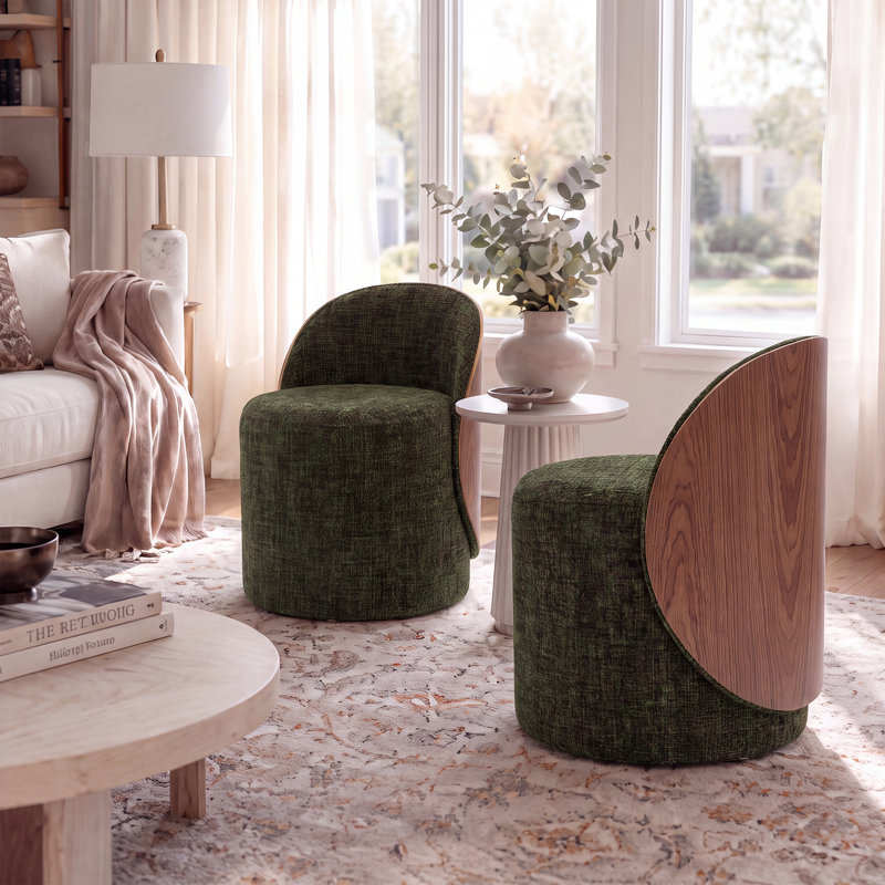 Fauteuil d'appoint rembourré vert tonneau avec dossier en bois courbé, Tissu vert