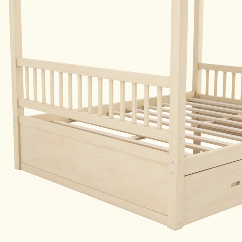 Lit à baldaquin en bois avec tiroirs de rangement, Naturel, Grand lit