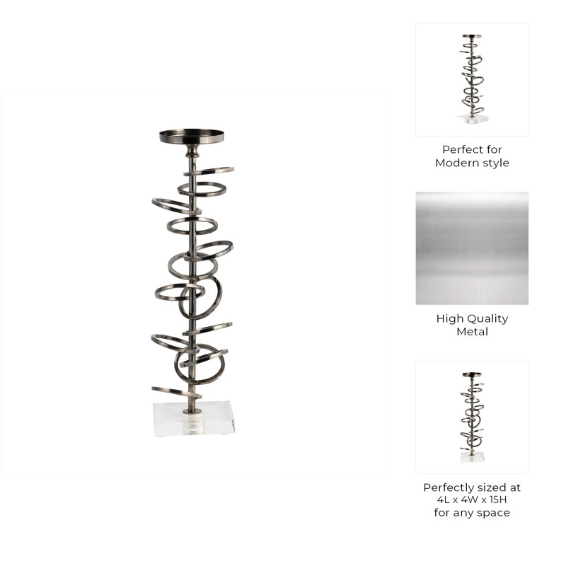 Modern Metal Aluminum Spiral Ring Pillar or Taper Candle Holder with Clear Square Base - Contemporary Sculptural Design Accent Decor for Stylish Tabletop or Shelf Display