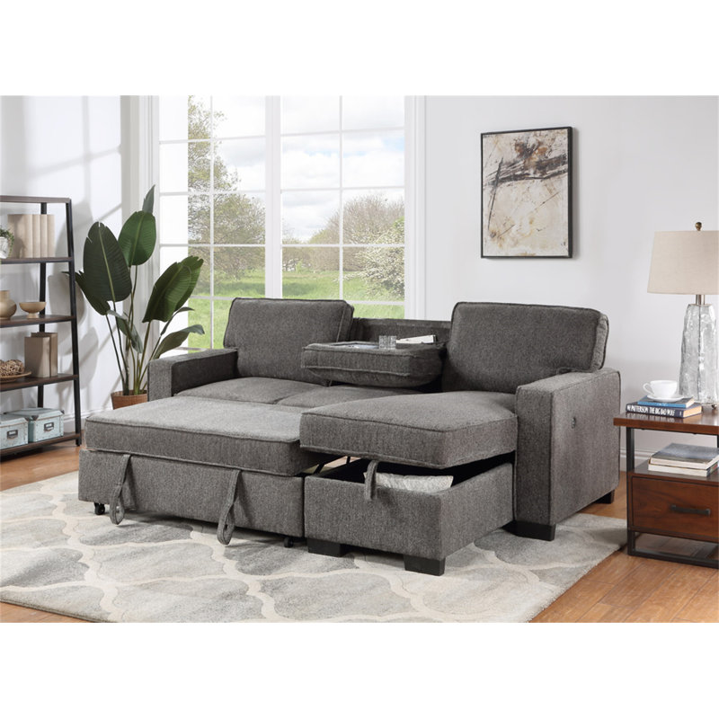 Estelle 86.5" Dark Gray Fabric Reversible Sleeper Sectional With Storage Chaise Drop-Down Table 2 Cup Holders And 2 USB Ports